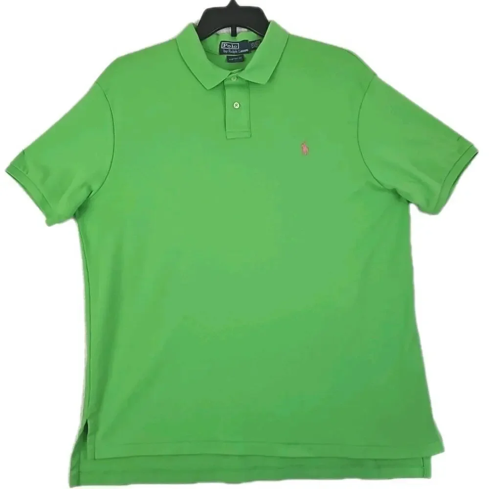 Polo Ralph Lauren ~Men's Size XXL~ Green Polo Shirt Pink Logo 100% Cotton.